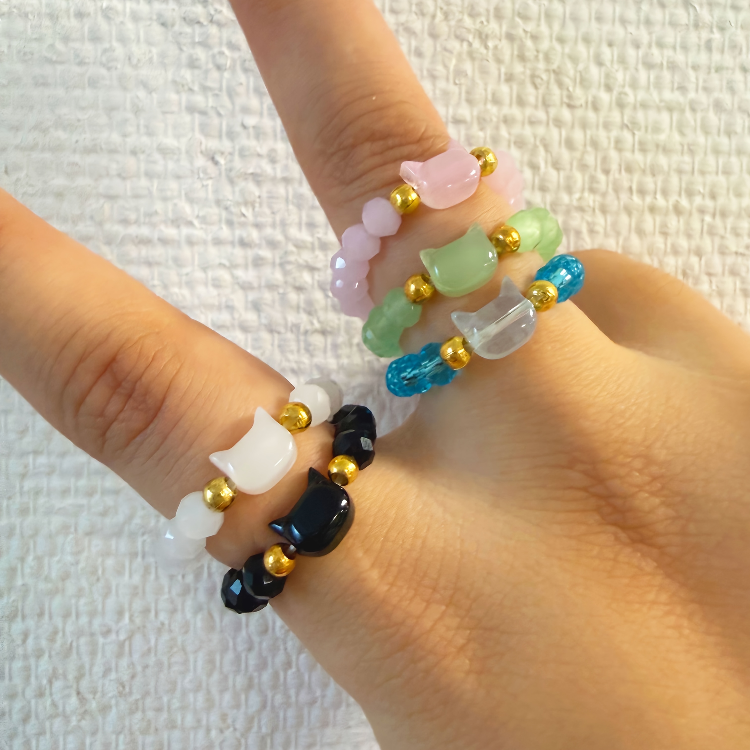 5pcs Cat Theme Beaded Ring Set for Couples, Valentine's Gift
